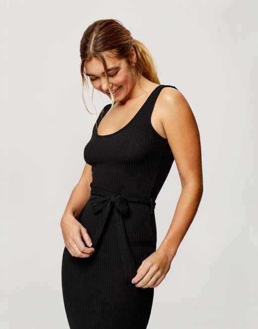 Miss Selfridge - Geribbelde mini-jurk met lage ronde hals in zwart, 3 van 4