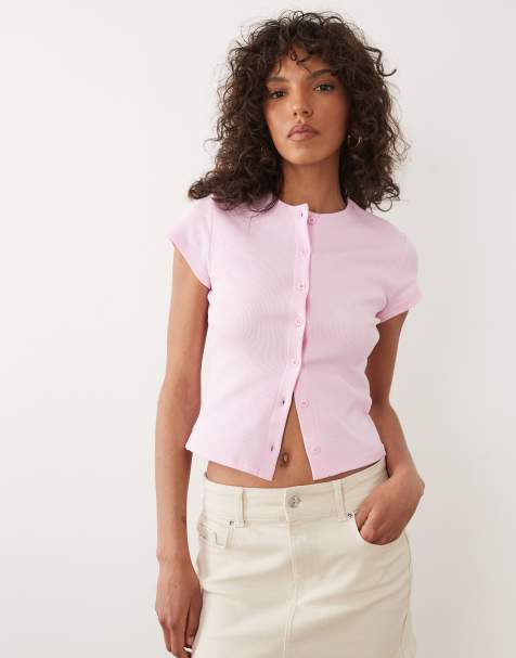 Miss Selfridge - Geribbelde top met korte mouwen en knoopsluiting in roze - view 1