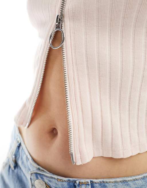 Miss Selfridge - Geribbelde top met lange mouwen en rits in roze, 2 van 4