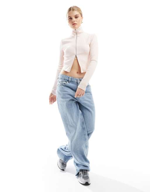 Miss Selfridge - Geribbelde top met lange mouwen en rits in roze, 4 van 4