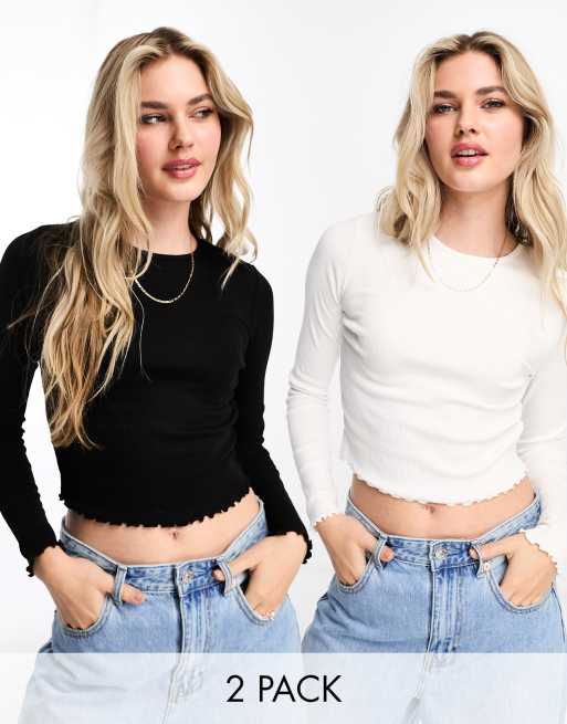 Miss Selfridge - Geribbelde top met ronde hals en lange mouwen in zwart en wit