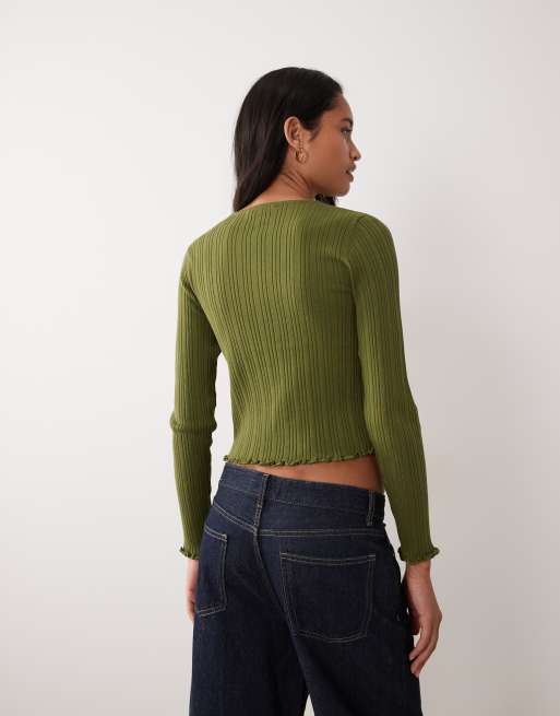 Miss Selfridge geribde henleytop met knoopsluiting in olijfgroen, 3 van 4