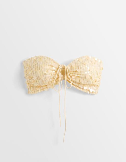 Miss Selfridge - Gerimpelde strand-bh-top met lovertjes in lichtgeel, 5 van 8