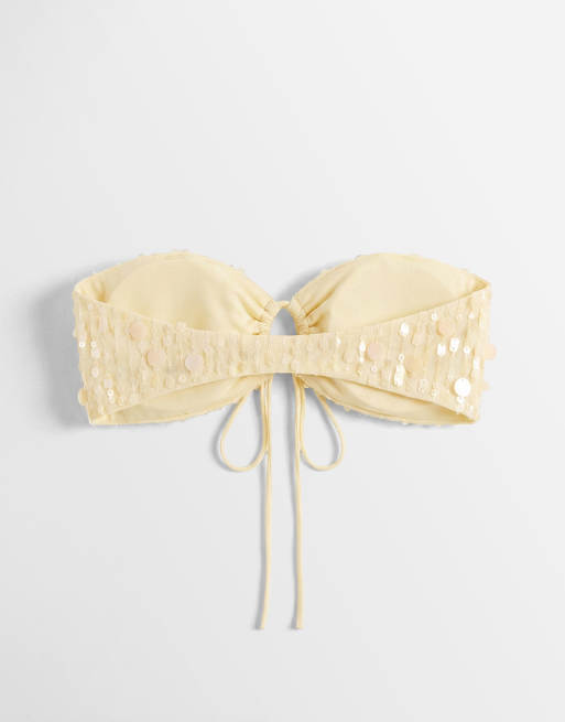 Miss Selfridge - Gerimpelde strand-bh-top met lovertjes in lichtgeel, 6 van 8