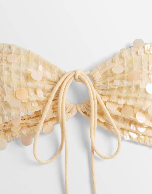 Miss Selfridge - Gerimpelde strand-bh-top met lovertjes in lichtgeel, 8 van 8