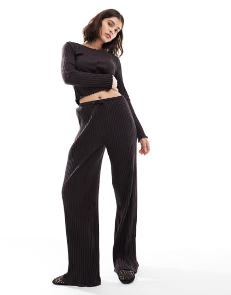 Miss Selfridge – Gerippte Hose mit weitem Bein in Schokobraun - view 1