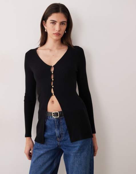 Miss Selfridge – Gerippte Longline-Strickjacke mit Knopfleiste - view 1