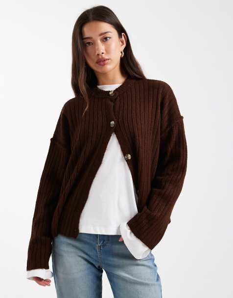 Miss Selfridge – Gerippte Oversize-Strickjacke in Schokobraun - view 1
