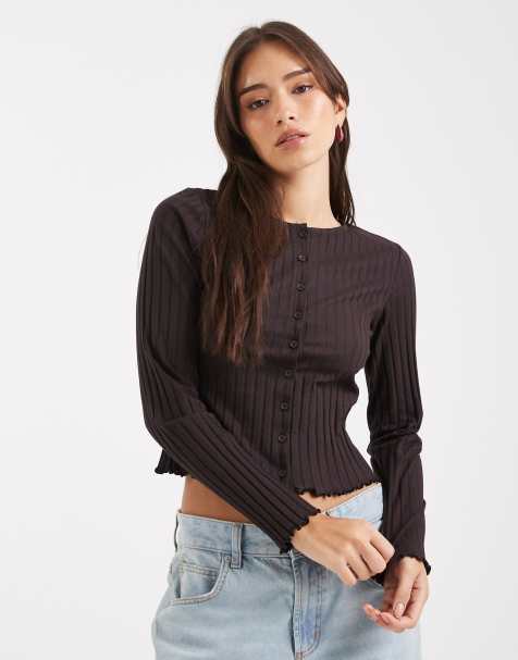 Miss Selfridge – Gerippte Strickjacke in Schokobraun - view 1