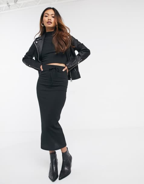 Miss Selfridge – Gerippter Midirock in Schwarz, Kombiteil