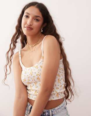 Miss Selfridge - Geripptes Camisole-Oberteil mit Blümchenmuster und Schleifenborte-Bunt