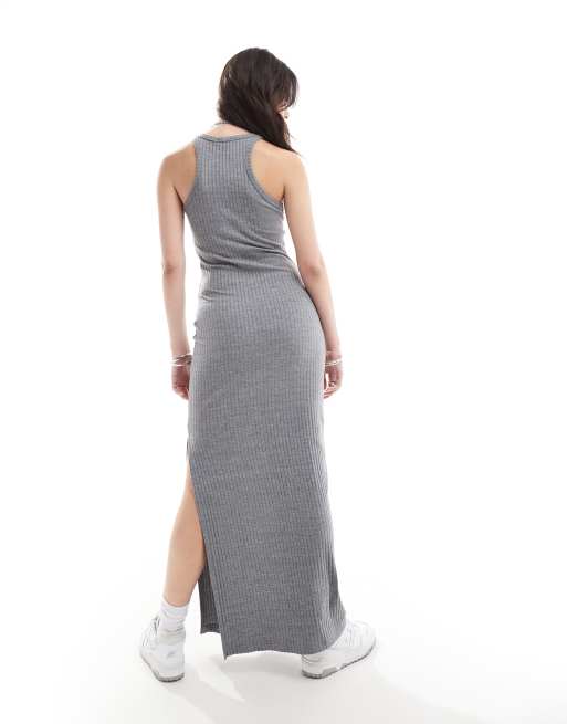 Miss Selfridge – Geripptes Midikleid in meliertem Grau mit Neckholder-Träger, 2 von 4