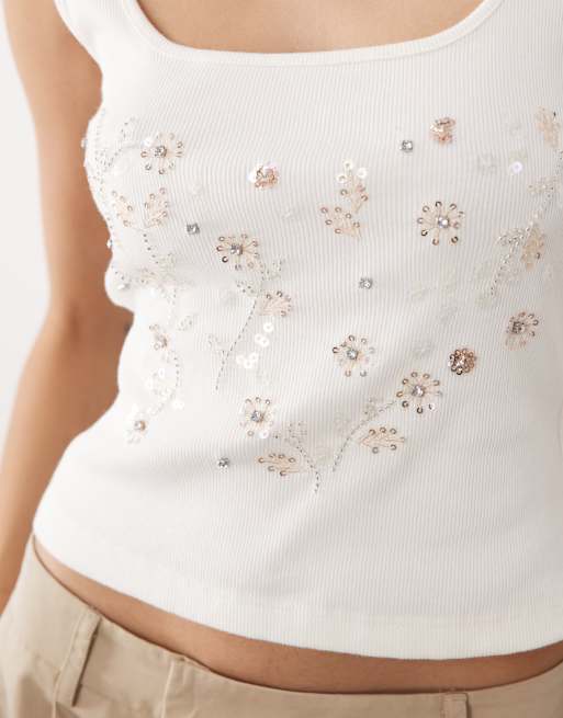 Miss Selfridge – Geripptes Oberteil in Cremeweiß mit eckigem Ausschnitt und Verzierung, 3 von 4