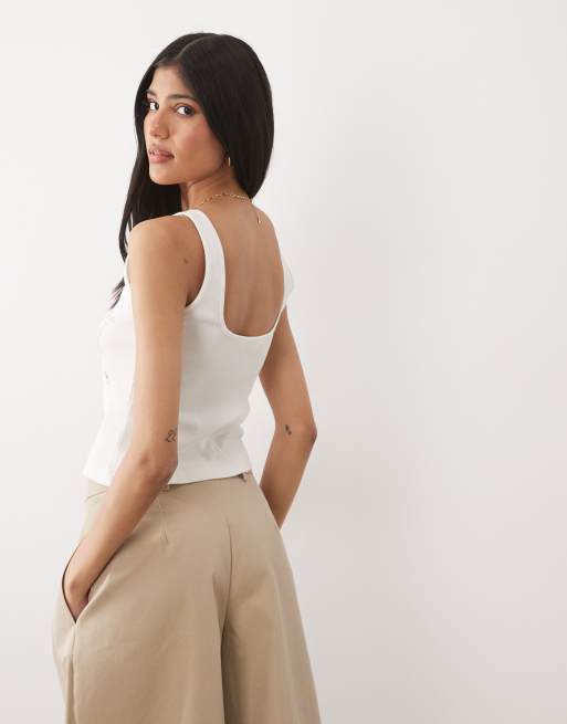 Miss Selfridge – Geripptes Oberteil in Cremeweiß mit eckigem Ausschnitt und Verzierung, 4 von 4