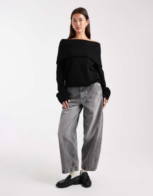 Miss Selfridge – Geripptes Oberteil in Schwarz mit breit umgeschlagenem Carmen-Ausschnitt, 2 von 4