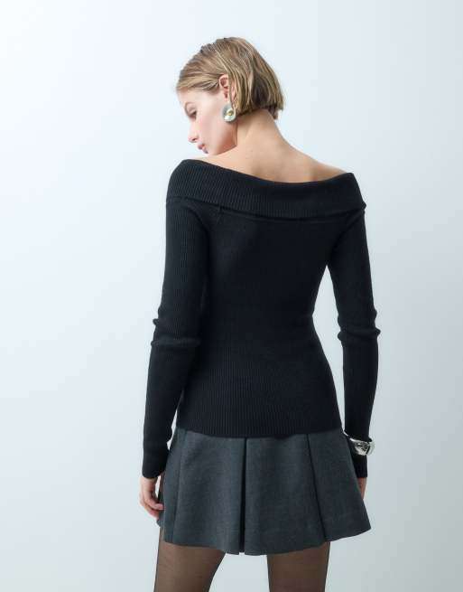 Miss Selfridge geripptes Strick-Wickeloberteil mit langen Ärmeln in Schwarz, 4 von 5