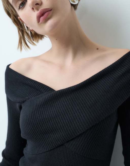 Miss Selfridge geripptes Strick-Wickeloberteil mit langen Ärmeln in Schwarz, 5 von 5