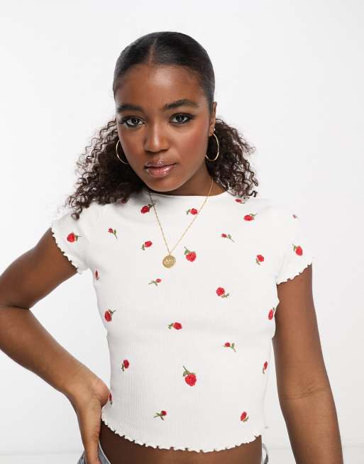 Miss Selfridge – Geripptes T-Shirt in Weiß mit Blumenstickerei