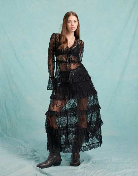 Miss Selfridge – Gerüschtes Maxikleid aus Spitze in Schwarz - view 1