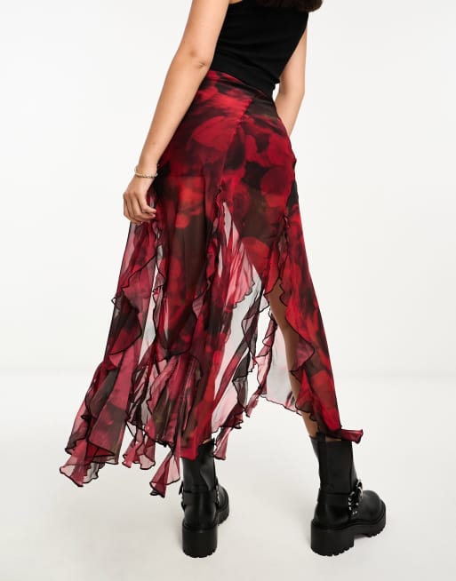 Miss Selfridge – Geschlitzter Maxirock aus Chiffon in Rot geblümt mit Rüschen, 2 von 4