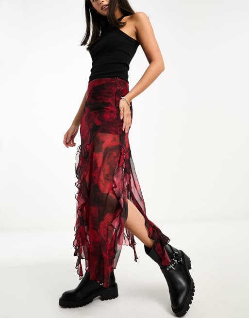 Miss Selfridge – Geschlitzter Maxirock aus Chiffon in Rot geblümt mit Rüschen, 3 von 4