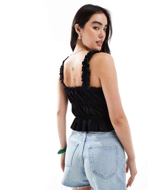 Miss Selfridge - Gesmokte top met gestrikte voorkant in zwart, 4 van 4
