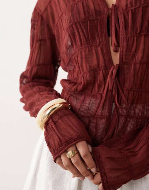 Miss Selfridge – Gesmokte, transparente Strickjacke in Pflaume mit gebundener Vorderseite, 3 von 4