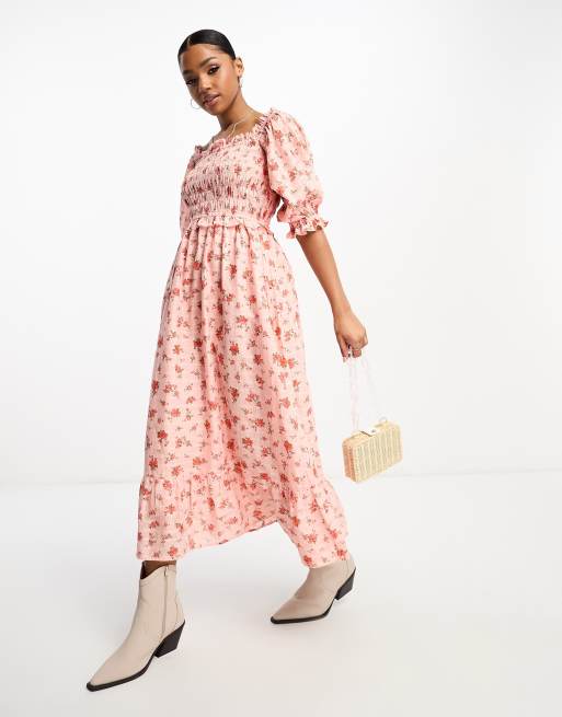 Miss Selfridge – Gesmoktes, strukturiertes Midikleid in Rosa 