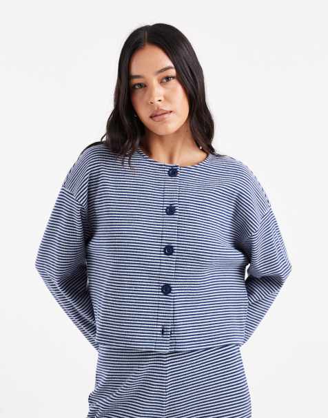 Miss Selfridge - Gestreept geborsteld geribbeld vest in marineblauw, deel van co-ord set - view 1