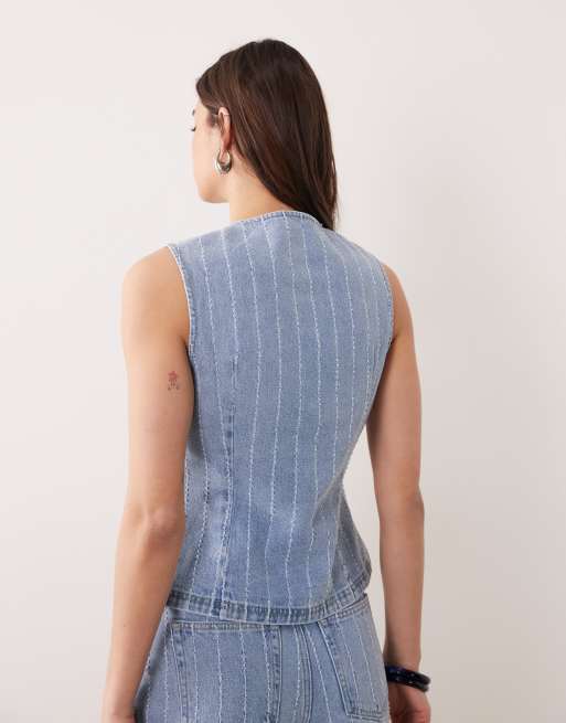 Miss Selfridge - Gestreepte denim gilet in blauwe wassing, 4 van 4