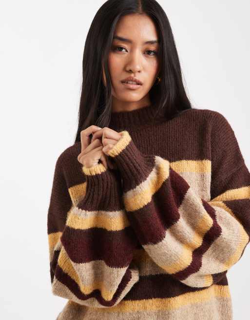 Miss Selfridge - Gestreepte geborstelde pluizige trui in chocoladebruin, 2 van 4