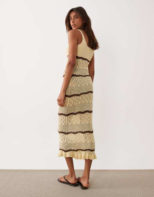 Miss Selfridge - Gestreepte gehaakte midaxi jurk in botergeel, 4 van 4
