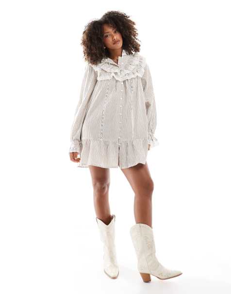Miss Selfridge - Gestreepte overhemdjurk met western ruches - view 1