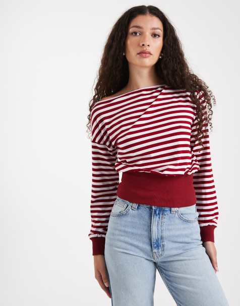 Miss Selfridge - Gestreepte top met blote schouders in bordeauxrood - view 1