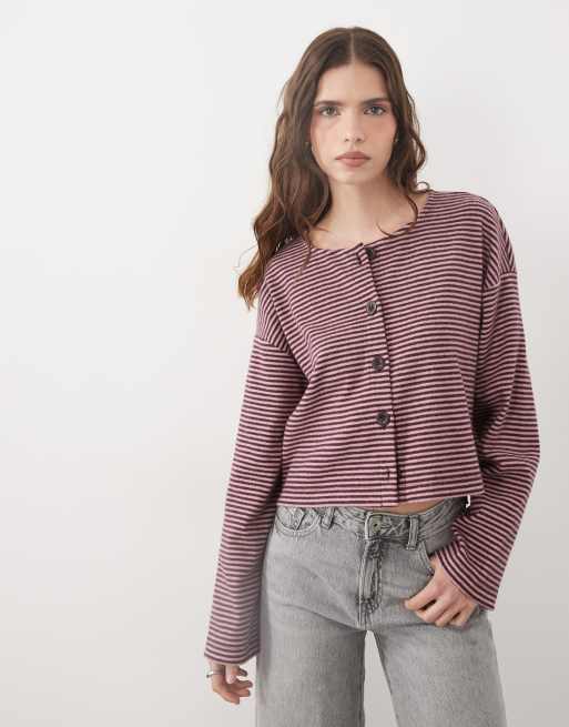 Miss Selfridge gestreifte Strickjacke in Rosa und Pflaume, 2 von 4