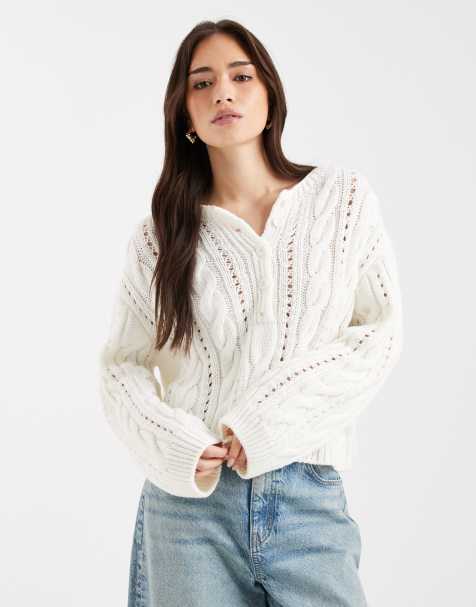 Miss Selfridge – Gestrickter Henley-Pullover mit Zopfmuster - view 1