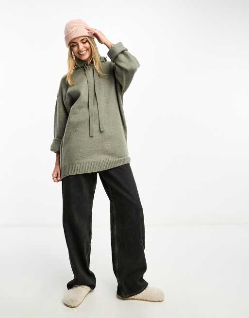 Miss Selfridge – Gestrickter Oversize-Kapuzenpullover mit langem Schnitt in meliertem Anthrazit 