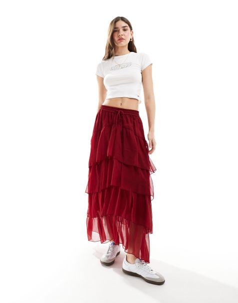 Miss Selfridge – Gestufter Maxirock aus Chiffon in Rot - view 1