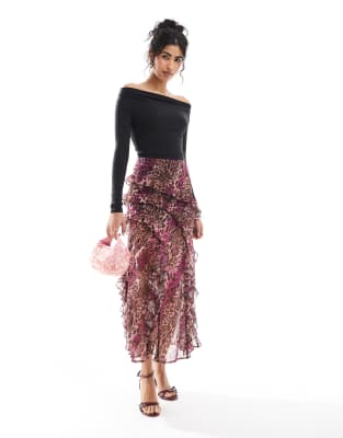 Miss Selfridge - Gestufter Midirock mit Rüschen und Leopardenmuster-Bunt