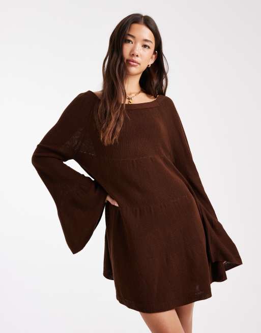 Miss Selfridge – Gestuftes, langärmliges, luftiges Strick-Hängerkleid in Schokobraun, 4 von 4