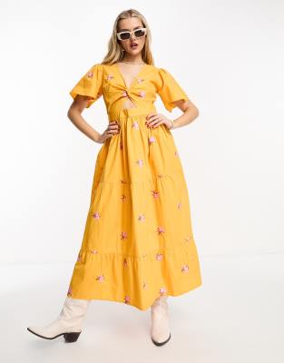 Miss Selfridge - Gestuftes Popeline-Maxikleid in Orange mit Flügelärmeln und Blümchenmuster