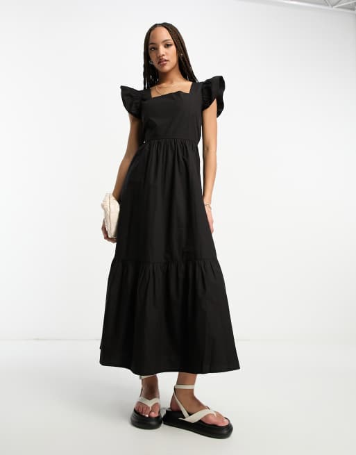 Miss Selfridge – Gestuftes Popeline-Maxikleid in Schwarz mit gerüschten Trägern, 2 von 4