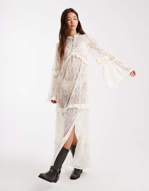 Miss Selfridge – Gestuftes Spitzen-Maxikleid in Ecru, 4 von 4