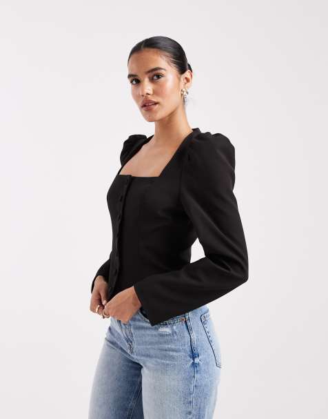 Miss Selfridge - Getailleerde top zonder kraag met pofmouwen in zwart - view 1