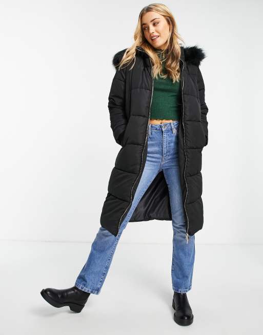 Miss Selfridge - Gewatteerde maxi jas met lange pasvorm in zwart
