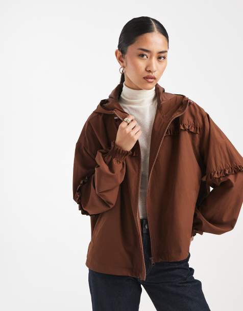 Miss Selfridge - Giacca a vento arricciata in vita color cioccolato con volant - view 1