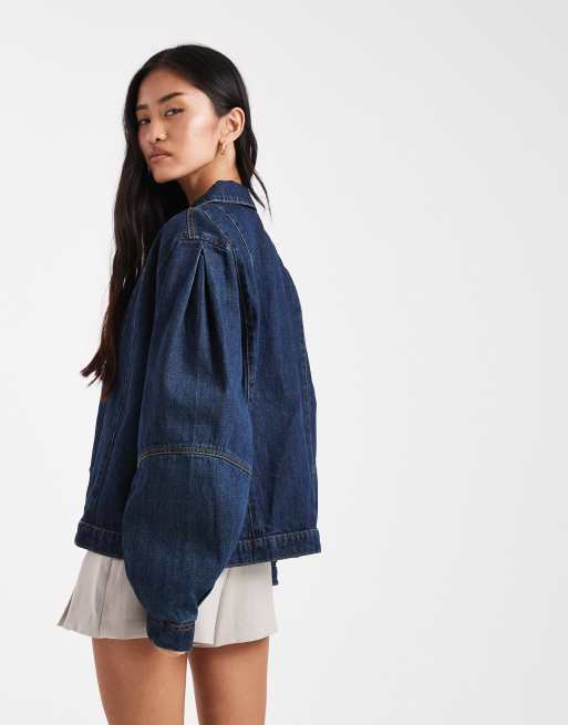 Miss Selfridge - Giacca di jeans stile western lavaggio indaco con maniche a sbuffo, 4 di 4