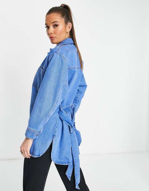 Miss Selfridge - Giacca di jeans taglio lungo con cintura lavaggio medio blu, 2 di 4