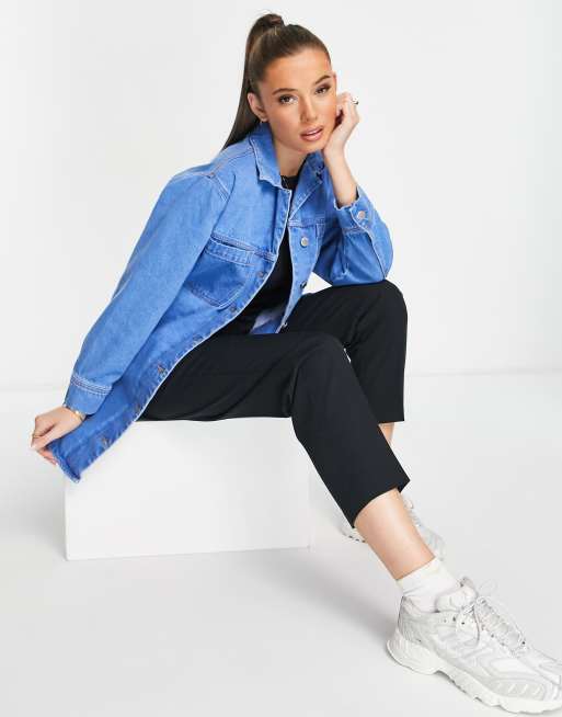 Miss Selfridge - Giacca di jeans taglio lungo con cintura lavaggio medio blu, 3 di 4