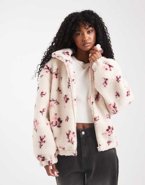 Miss Selfridge - Giacca in pile borg a fiori con zip - view 1